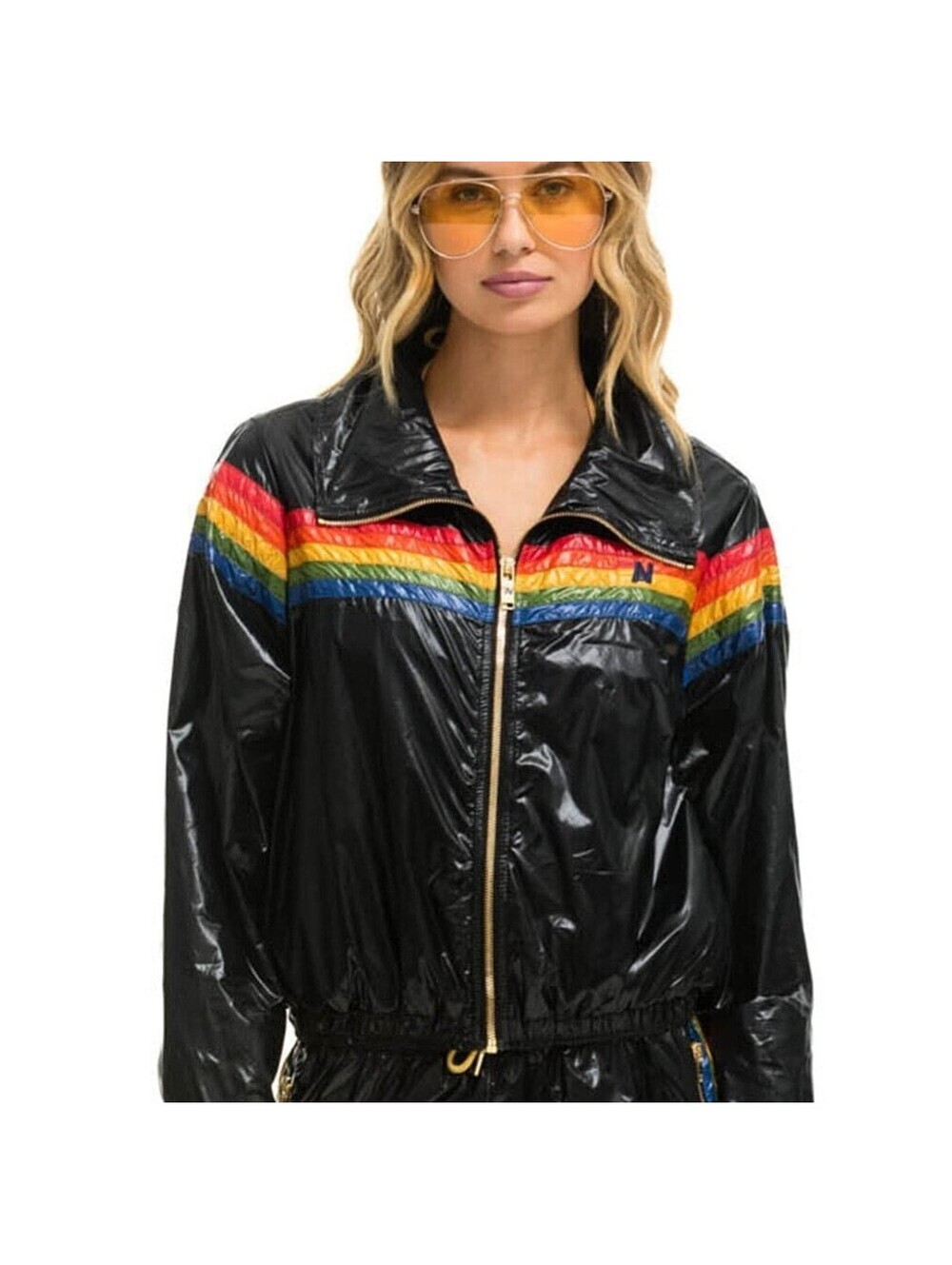 Aviator Nation Glossy 5 Stripe Black Windbreaker Large Retro Water Resistant NEW
